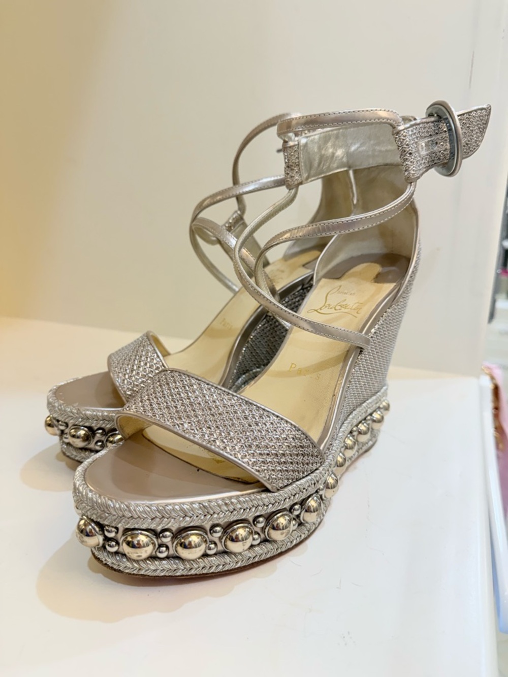 Christian Louboutin Silver Beaded Wedge Sandals with Ankle Straps